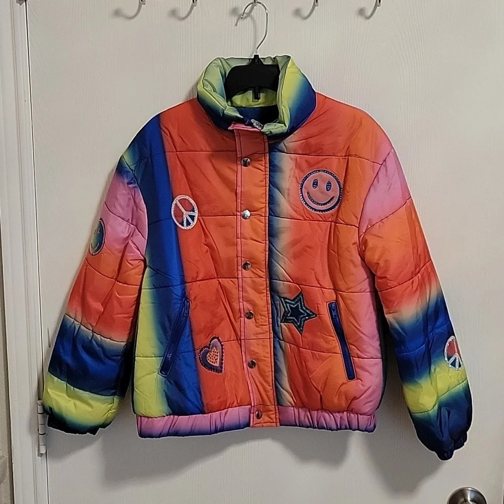 NWT Hannah Banana Girls Colorful Rainbow Coat Size 12 Zipper with button overlay